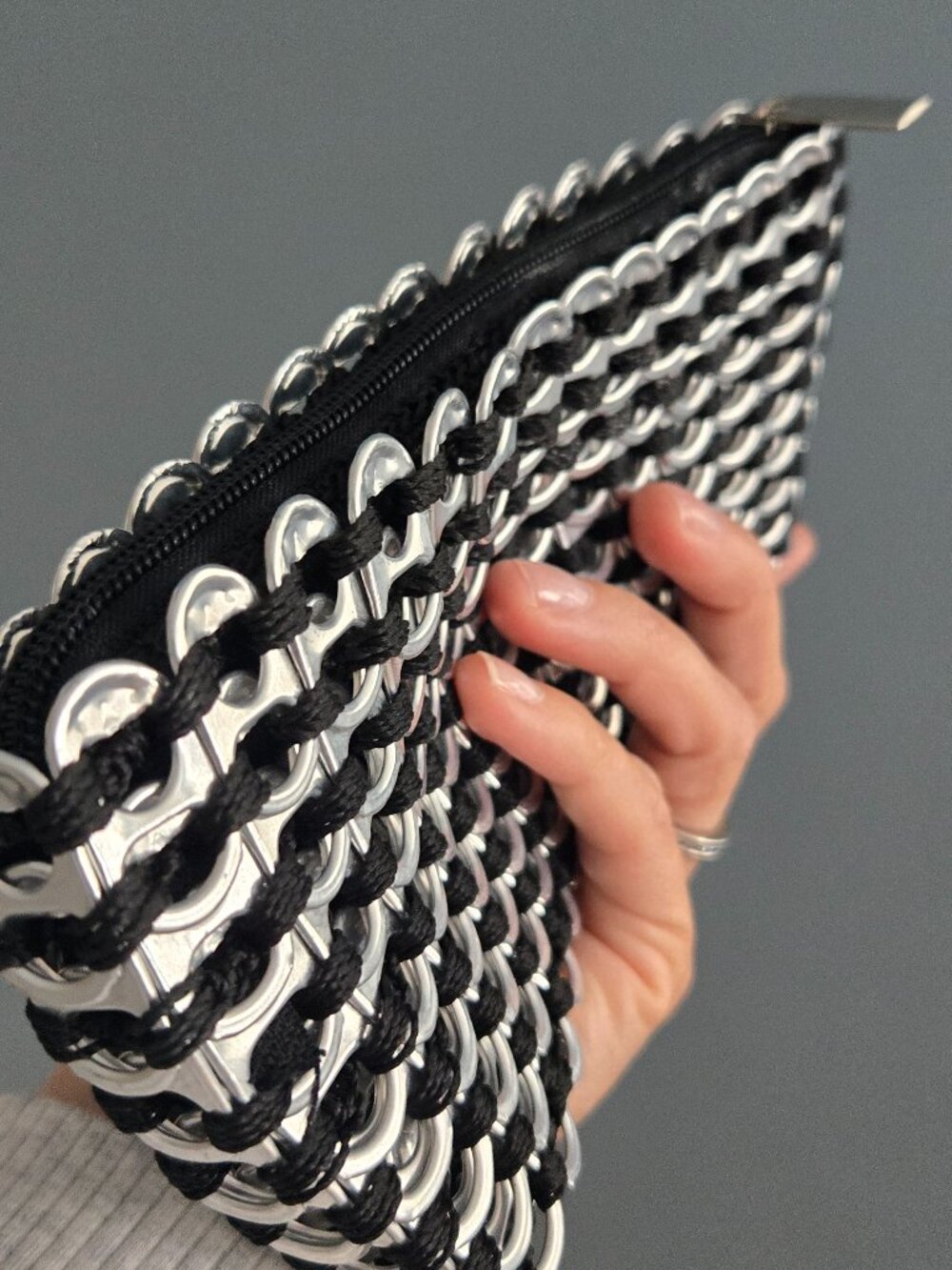Pop Tab Clutch Bag: Recycled Aluminum, Handmade in Brazil BLACK AND SILVER